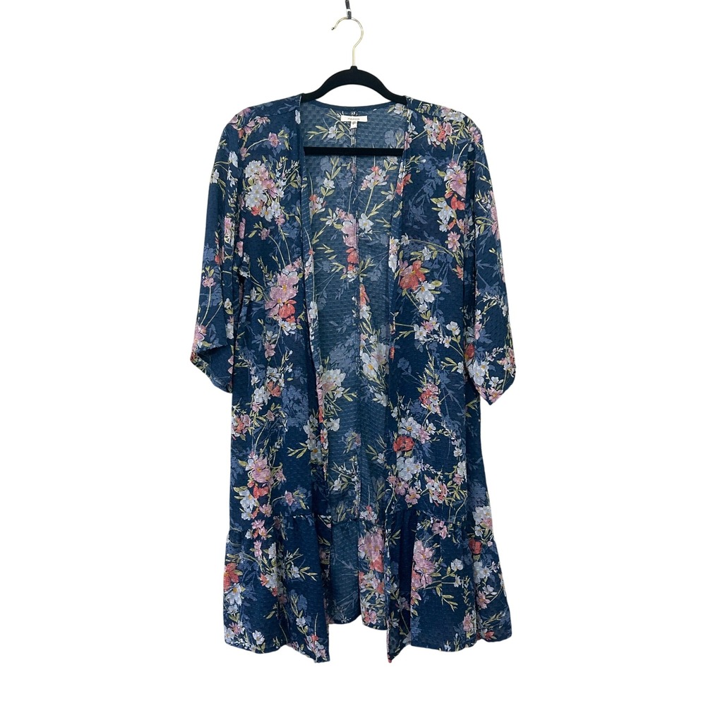 Maurices Blue Floral Kimono Womens Size Large Ruffle Boho